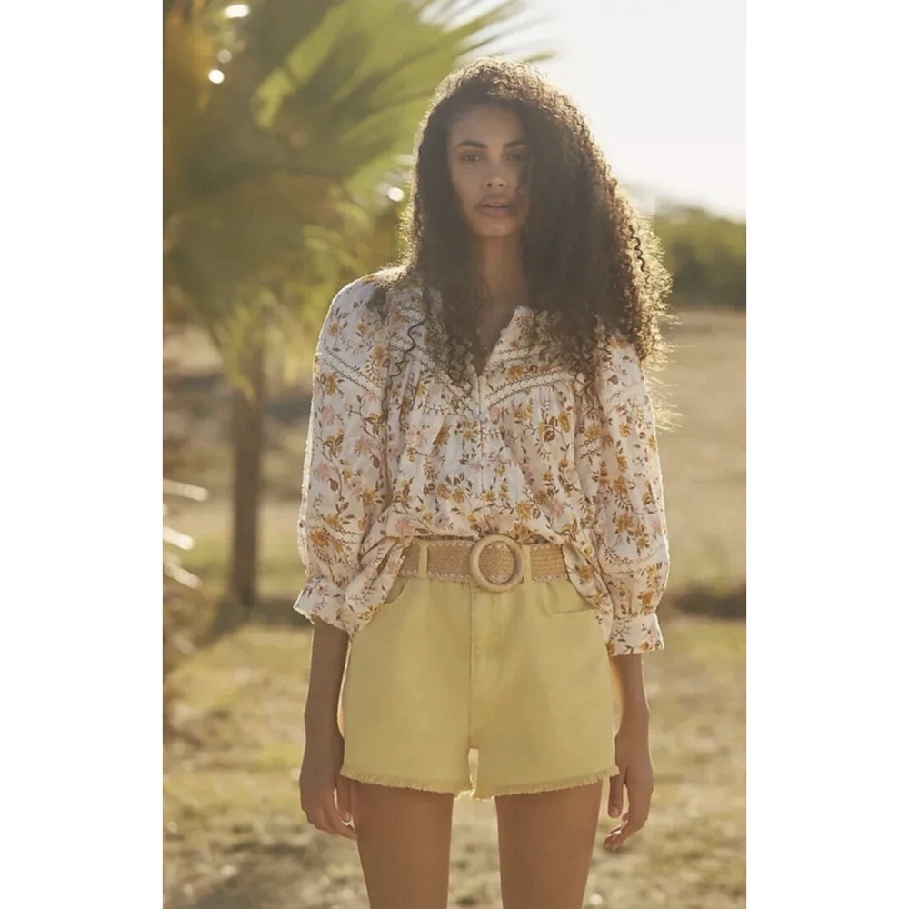 Anthropologie Harmony Lace Blouse Yellow Brown Pink Floral Sz XS